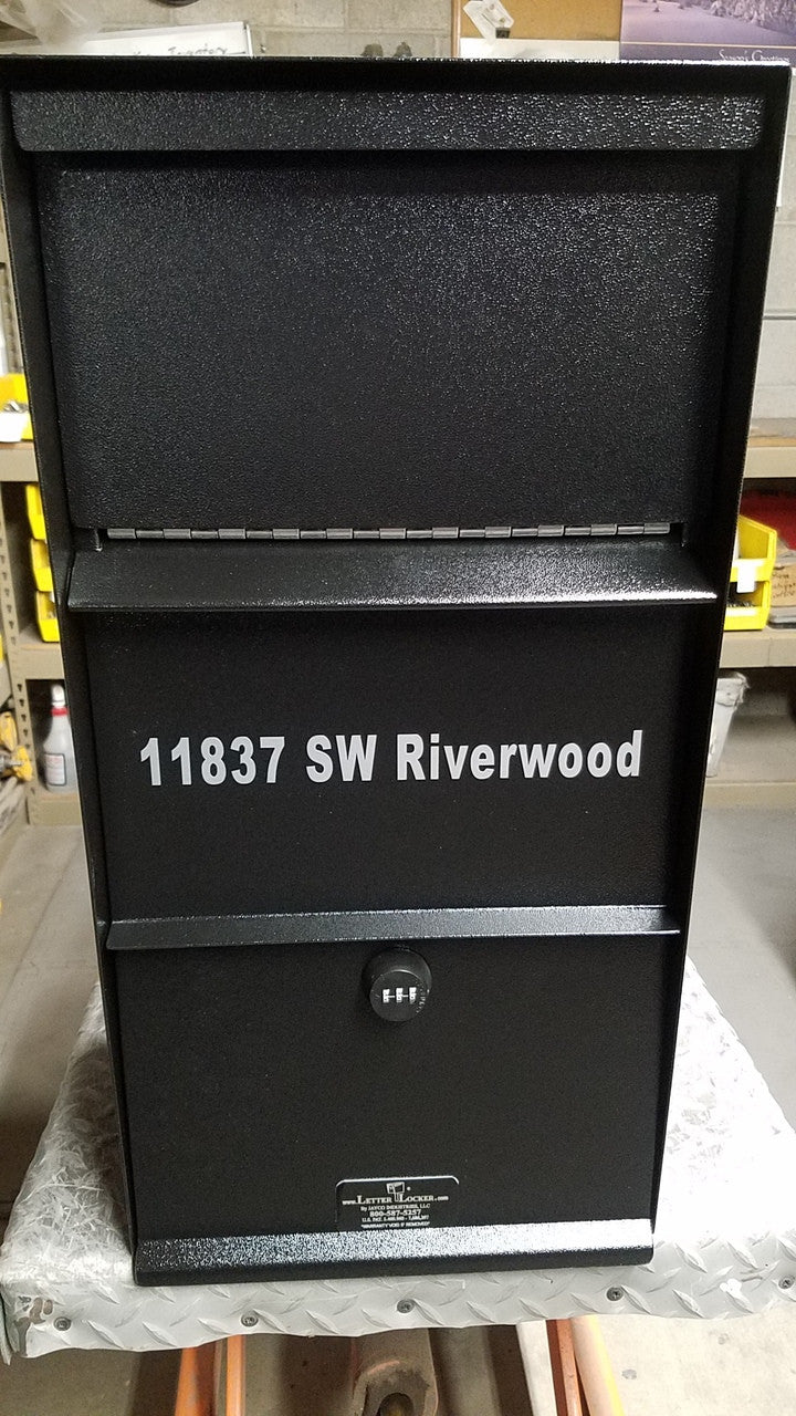 Locking Mailbox with Hopper Door shown with vinyl lettering option