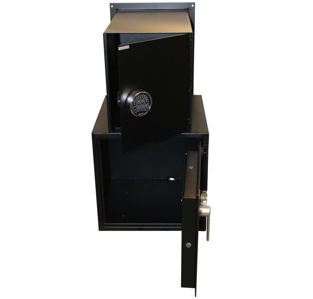 Back view with doors open Through the Wall Drop Safe with hopper style drop door