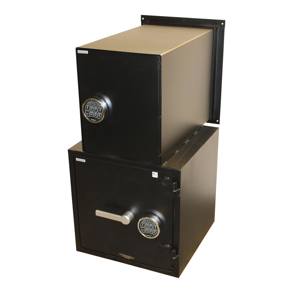 Angled back view Through the Wall Drop Safe with hopper style drop door