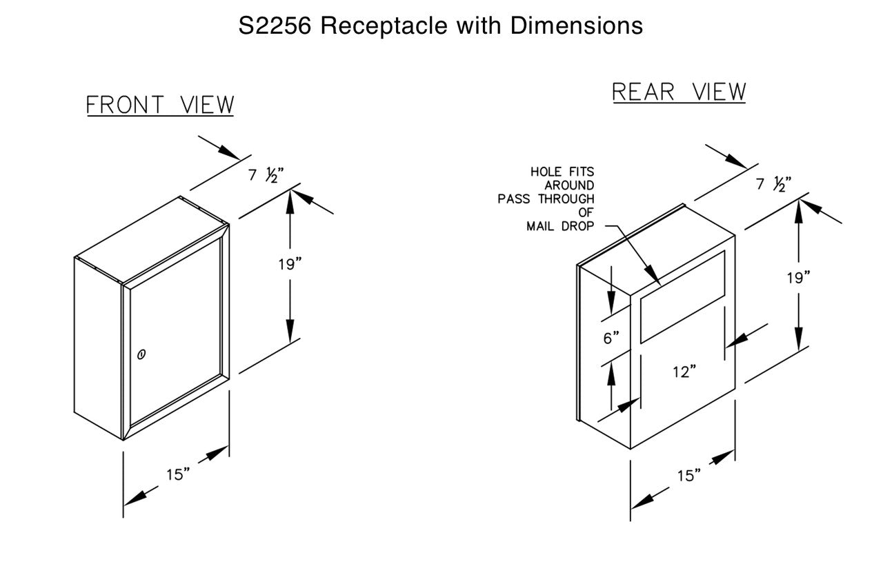 RECEPTACLE FOR WALL MAIL DROP SLOT dimensions