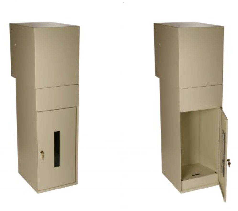 Through the Wall Package Drop Box Shown with receptacle door open and closed