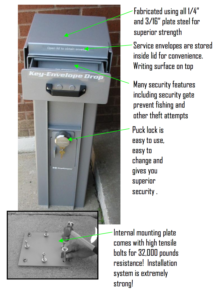 Free Standing High Security Key or Payment Drop Box call outs