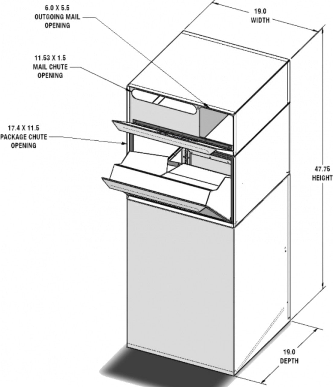 Extra Large Mailbox for Packages with Separate US Mail Receptacle drop opening dimensions