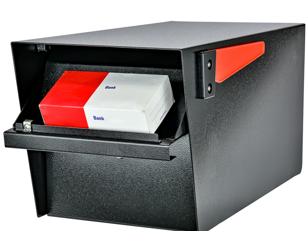 Street Safe Locking Curbside Mailbox shown with box of checks being deposited