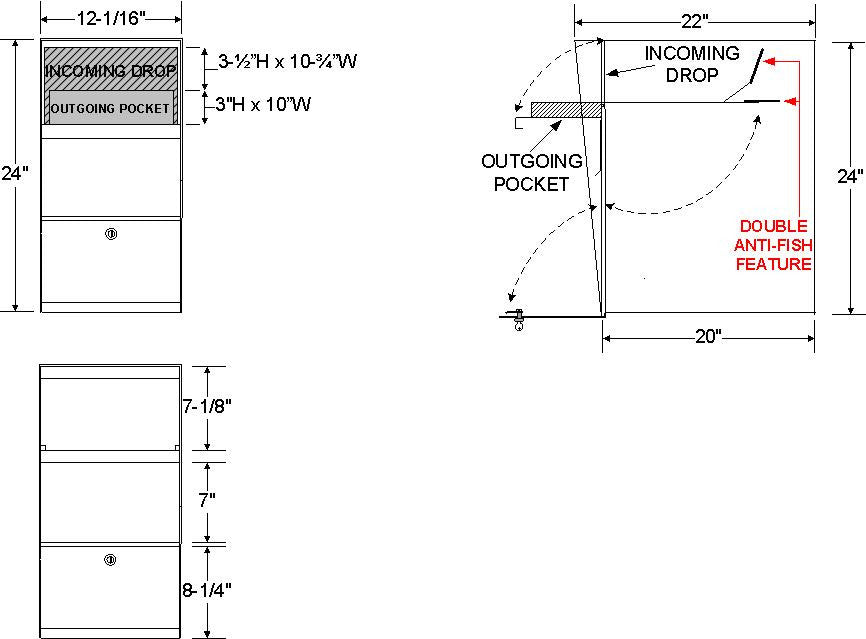 Locking Mailbox with Hopper Door (JCLLULT) Line Drawing showing front access