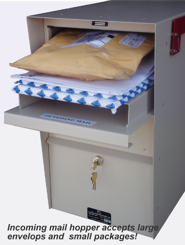 Locking Mailbox with Hopper Door Shown with Items being Deposited