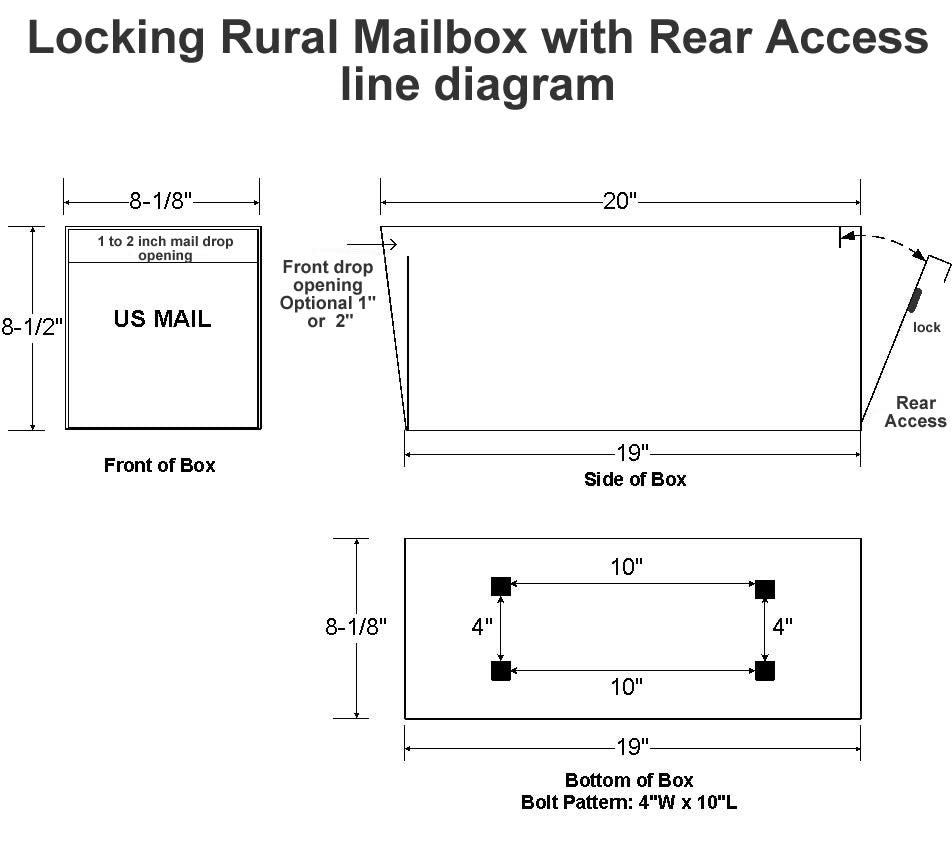 Locking Rural Mailbox with Rear Access dimensions with side view
