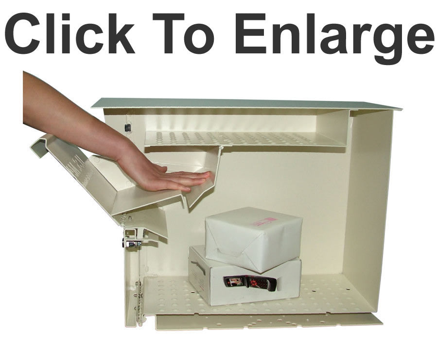 Side view showing the Package master mailbox with hand not able to reach in
