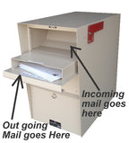 Locking Mailbox with Hopper Door shown with outgoing mail in compartment for outgoing mail