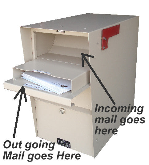 Locking Mailbox with Hopper Door shown with outgoing mail in compartment for outgoing mail