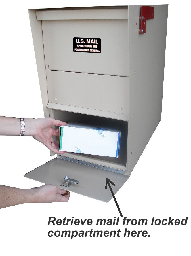 Locking Mailbox with Hopper Door shown with access door and package coming out