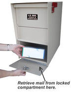Locking Mailbox with Hopper Door shown with access door and package coming out